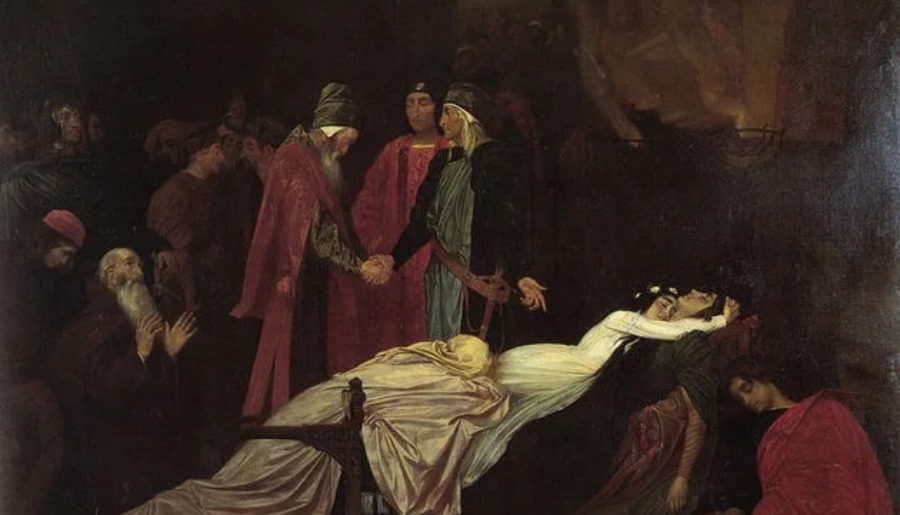 Reconciliación de los Montesco y Capuleto sobre los cuerpos de Romeo y Julieta / pintura de Frederick Leighton