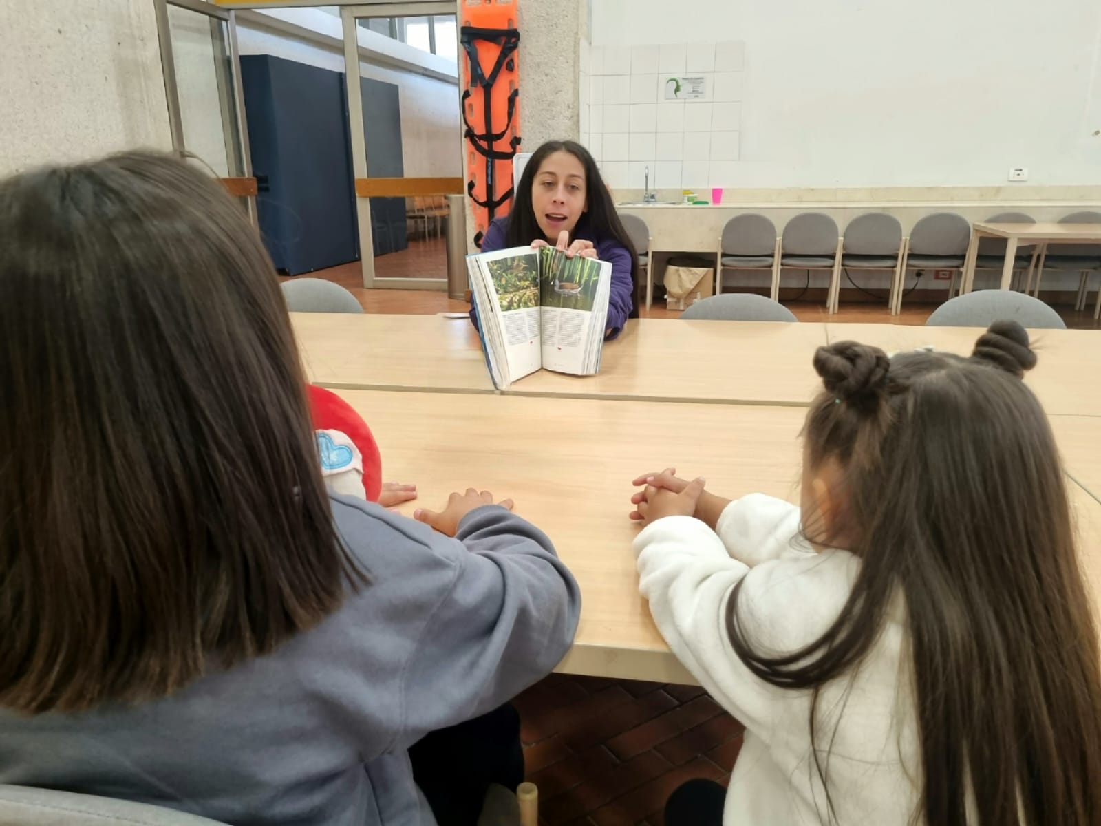 niñas prestando atención a las ilustraciones de un libro mientras la profesora lo lee en voz alta.