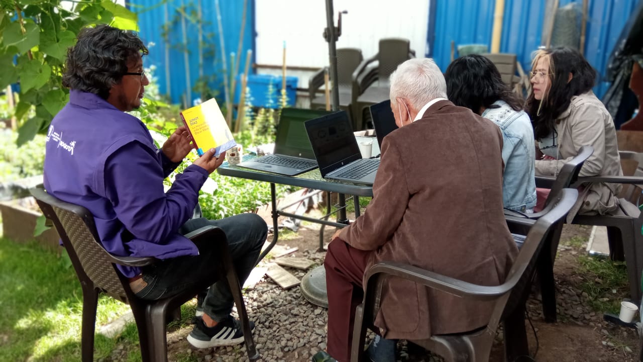 Cuatro personas en un jardín, trabajando en laptops y leyendo un libro. Ambiente tranquilo y colaborativo.