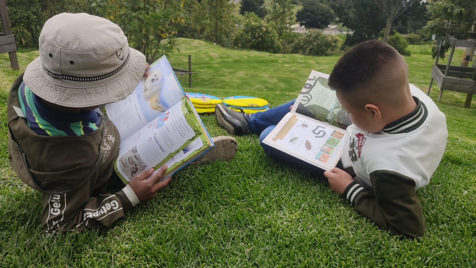 Adulto y niño leyendo al aire libre